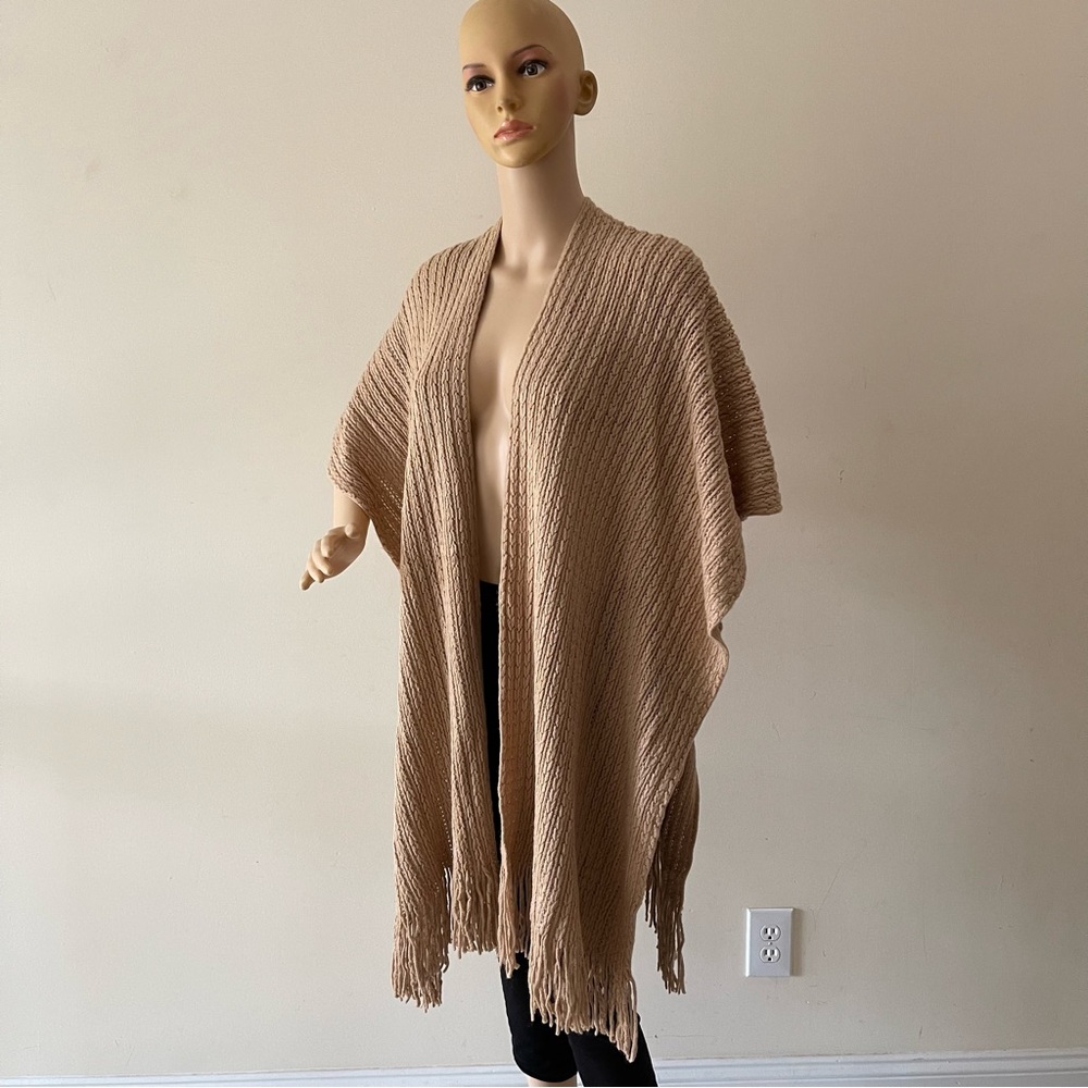 Cable Knit Ruana Camel Fringe Poncho Cardigan